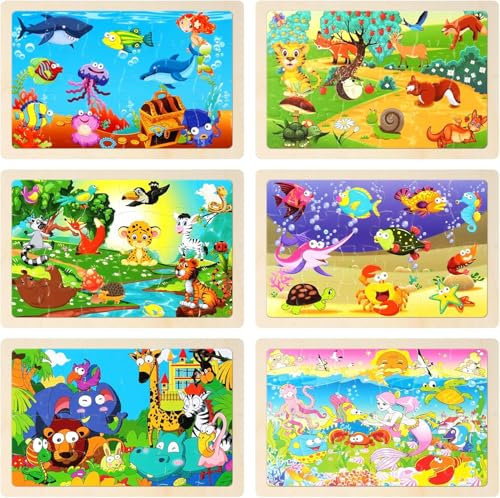 6x24 Teilenholz Puzzle Kinder, Puzzle ab 3 4 5 6 Jahre, Puzzles Kinder ab 3 Jahre, Bauernhof Meeresboden-Tiere Steckpuzzle Holz Geschenke, Holzpuzzle ab 3 Jahre für Jungen und Mädchen