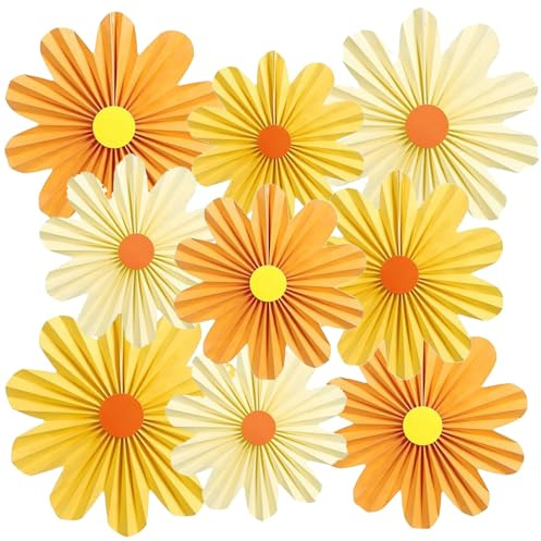 Pappersfläkt blomdekorationer vår trädgårdsfest födelsedag bröllop olika aktiviteter väggdekoration 9 st tusenskönor orange-gul
