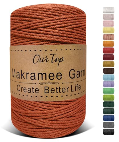 OurTop Premium makramégarn, tegelrött, 3 mm x 300 m, makramésnöre, makramésnöre, garn för gör-det-själv-hantverk, vävning, dekoration, hängande växt växt hängare