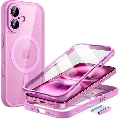 JETech Coque pour iPhone 16 6,1 Pouces avec Protecteur D'écran en Verre Trempé Intégrée et Bouton de Contrôle de Caméra, Compatible avec MagSafe, Protection à 360 Degrés (Rose)