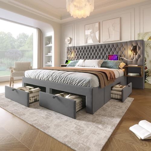 Oxtao Set Completo per Letto Matrimoniale - Letto Imbottito 180 x 200 cm, Comodini e Cassetti, Lampada da Lettura USB