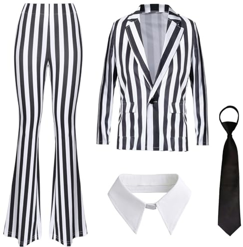Boyigog Disfraz de horror para mujer, a rayas, 4 unidades, con corbata y chaqueta blazer de los años 80, traje de terror para Halloween, carnaval, Halloween, disfraz, cosplay