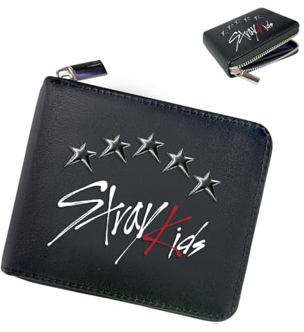 Stray Schwarz Unisex Geldbeutel für Stay, SKZ PU Leder Portmonee mit Reißverschluss und Stern Anhänger, Kpop Portemonnaie mit 1 SKZ 3D Aufkleber und 2 SKZ Photocard