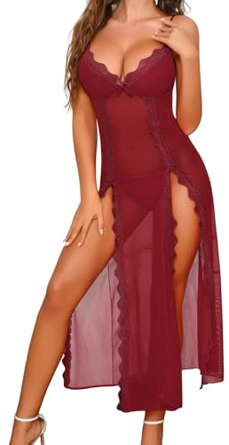 Niwicee Lencería Sexy Mujer Babydoll Transparente Vestido de Encaje de Malla Larga Camisón Pijama Cuello en V Hendidura Lateral Sexy Negligees Ropa de Ropa con Tanga (Rojo Vino, XL)