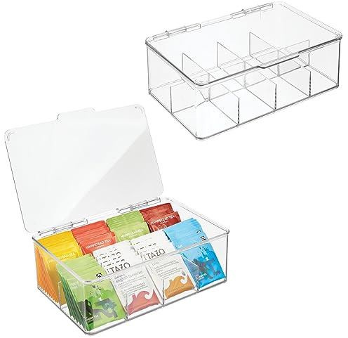 mDesign Teebox mit 8 Fächern – praktische Aufbewahrungsbox zur Teebeutelaufbewahrung – vielseitige Stapelbox für die Küche – 2er-Set – durchsichtig