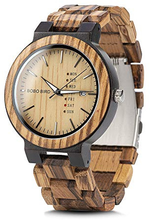 BOBO BIRD Mens Wooden Watch Analog Quartz with Week Display Lightweight Handmade Wood Wrist Watch for Men (Brown Dial)