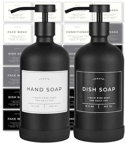 Hand and Dish Soap Dispenser for Kitchen and Bathroom, Set of 2 16 Oz Glass Bottles, Stainless Steel Pumps, Non-Slip Silicone Base, 27 Waterproof Labels (Matte Black Bottle/Black Pump)