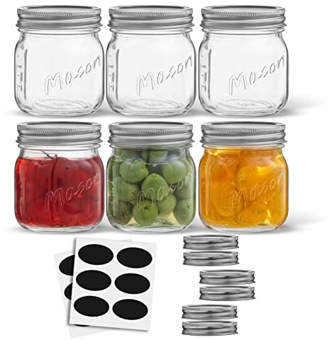 JoyJolt 8 Oz Mason Jars With Lids, Labels and Measures! 6-Pack Regular Mouth Mason Jars, Glass Jar with Lid and Band. Airtight Canning Jars, Overnight Oats Jars, Salad Jars, Sourdough Starter Jar
