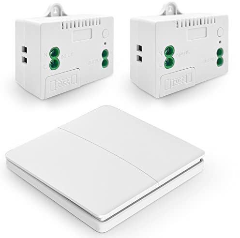 DieseRC Wireless Kinetic Light Switch Wall Panel RF Safety Control and 10A Relay Receiver Controller with Fuse, No Wiring No Battery Self-generating (2 Receivers with 1 Switch)