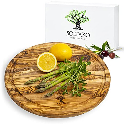 Tabla de cortar de madera de olivo SOLTAKO, tabla de desayuno de madera gruesa y robusta con ranuras, tabla de servir, tabla de cortar, tabla de madera maciza (32cm)
