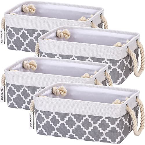 Sea Team 4-Pack Small Canvas Fabric Storage Basket with Cotton Rope Handles, 7.8L Capacity Bin for Toiletry Toy Sundrey Item Desk Gadget Organizer Lattice