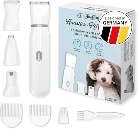 Hafenbande 2-in-1 Akku Hundeschermaschine & Krallenschleifer | Pfotentrimmer für Hunde, Katzen | 3 Schneidaufsätze, 3 Kammaufsätze, Nagelfeile | Wasserdicht | Fellpflege von Nase, Ohren, Beine, Körper