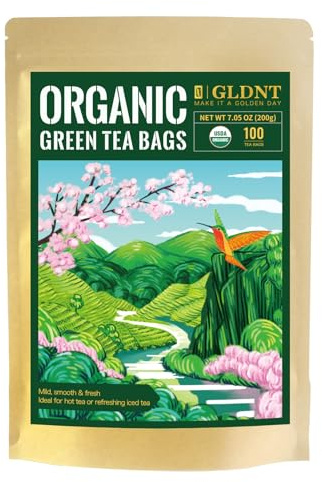 GLDNT Organic Green Tea Bags, Natural Pure Organic Green Tea, Super Antioxidant, Caffeinated, 100 Count