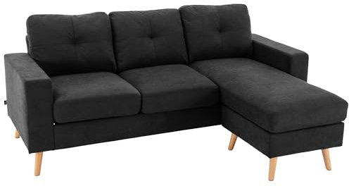 HOMCOM Ecksofa L-Form Sofa mit 3 Kissen, Eckcouch mit Knopfheftung, Leinenoptik, Veränderbare Chaiselounge Couch Wohnlandschaft für Wohnzimmer, Schlafzimmer 193 x 136 x 85 cm Schwarz