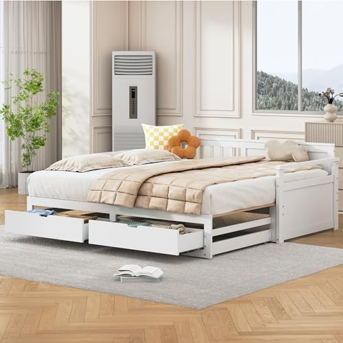 Moimhear Cama de día multifuncional dos en uno con cama de pino, cajones y cama nido (blanco)
