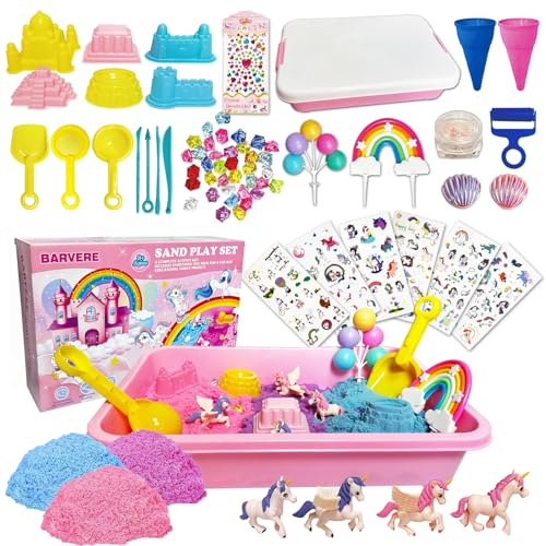 BARVERE Knetsand Set Kinder, 38 Pcs Spielsand Set, 1.3kg Knetsand mit Spielsand Box, Einhorn Magic Zaubersand Koffer, Bastelset Kinder Bunter Kinetik für Mädchen & Junge