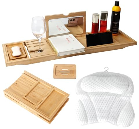 Bathtub Tray Table with Mirror and Bath Pillow, Expandable and Foldable Bamboo Bath Tray for Tub Soft and 4D Mesh Bathtub Pillow Luxury Bath Accessories Spa Gifts