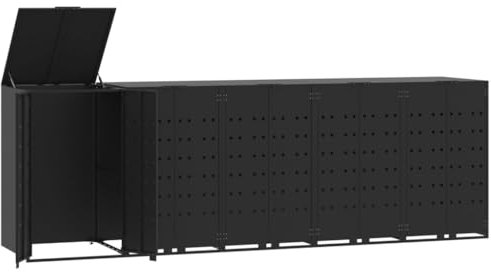 vidaXL Wheelie Bin Storage for 5 Bins - Black Powder-Coated Steel Garden Trash Cover - Gas-Spring Lid, Magnetic Closures, Expandable