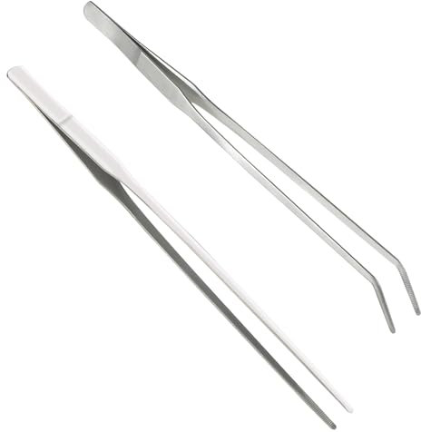 Lot de 2 pinces en acier inoxydable 27cm longues droites/incurvées avec une extrémité dentelée de précision pour l'aquascaping, le jardinage, la cuisine, le travail industriel
