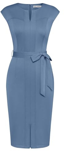 GRACE KARIN Women Bodycon Dress with Belt Crew Neck Front Slit Work Dress Gray Blue XL