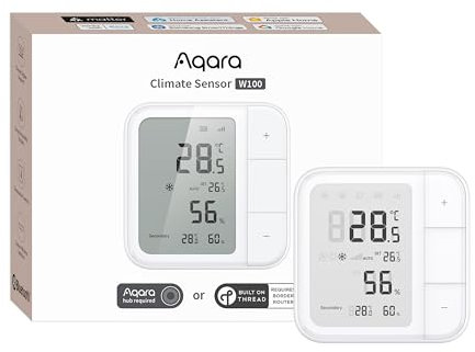 Aqara Thread/Zigbee Raumthermostat W100, Temperatur & Luftfeuchtigkeit Überwachung, Wireless, Fernsteuerung HVAC, 3 Anpassbare Tasten, Matter, HomeKit, Funktioniert mit Apple Home, Alexa, Google
