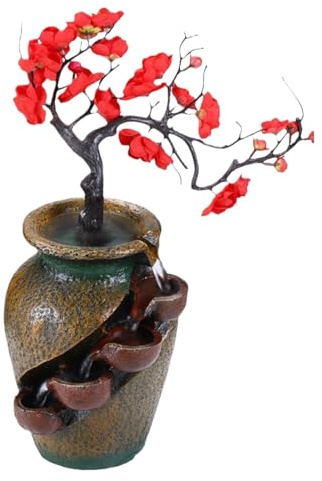 Biniveil Fuente de cascada para interiores, decorativa, estilo florero, bonsái, fuente de cascada con flujos de agua y árbol artificial, adorno de escritorio que fluye, decoración de relajación zen