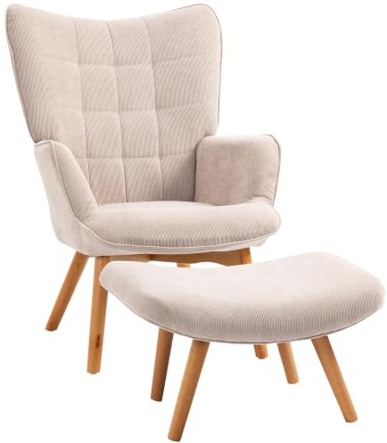 HOMCOM Fauteuil avec Repose Pied, Fauteuil Salon, Dossier Haut, Beige | Pieds en Bois, Tissu Aspect Velours Côtelé, pour Salon Chambre à Coucher