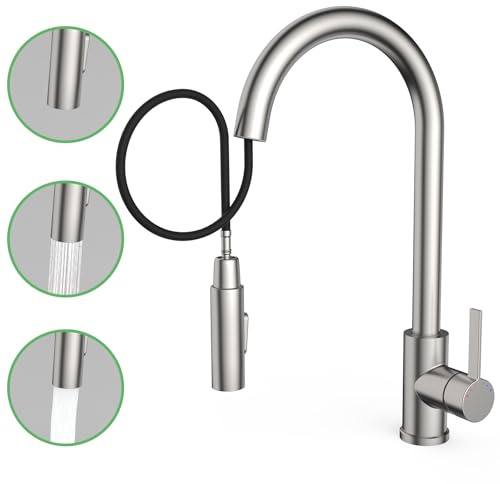 Rubinetto da cucina a bassa pressione con 2 tipi di getto, girevole a 360°, facile da smontare e lavare, rubinetto per caldaia (spazzolato, estraibile)