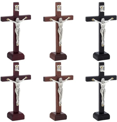 WEBEEDY Croix debout en bois de 6 pièces avec base, 3 couleurs petite croix murale de crucifix Jésus-Christ croix en bois suspendue pour la décoration de la maison de table, 10x5.8cm