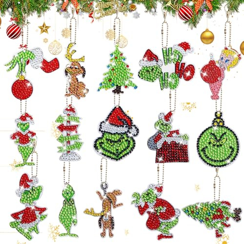 YISKY Portachiavi Pittura Diamante Natale, 15 PCS Diamond Painting Ciondolo Natalizi, Portachiavi 5D Diamond Painting Natale, Kit di P-ortachiavi Pittura Diamante per DIY Decorazioni Alberi di Natale
