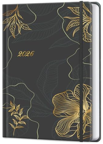Kalender 2026 Buchkalender A5, 12 Monate Terminkalender mit Wochenplaner von Januar bis Dezember 2026 - Hardcover Taschenkalender Terminplaner - Schwarz-Gold