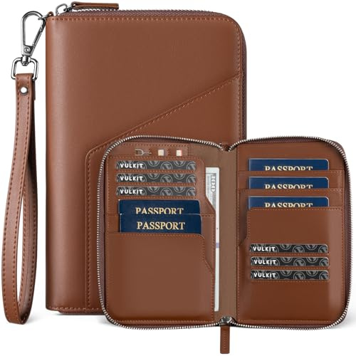 VULKIT Leather Passport Holder Family Travel Document Organizer with RFID Blocking Travel Wallet Slim Dual Slots SIM Card and Multiple Card Holders for Men and Women (Espresso)