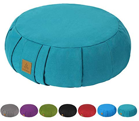 Cojín redondo de meditación de trigo sarraceno, D = 38 cm de alto = 14 cm, almohada de meditación Zafu/Zabuton, cojín de yoga, puf de suelo, funda de algodón orgánico con cremallera, lavable a
