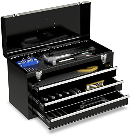 RELAX4LIFE Werkzeugkoffer, Werkzeugkasten, Werkzeugbox, tragbare Werkzeugaufbewahrung, Werkzeugkiste aus Metall, Werkzeugschrank mit 3 Schubladen und 1 Ablagefach, 52 x 21,5 x 30 cm (Schwarz)