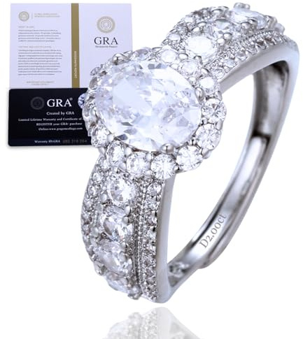 Halukakah Bague pour Femme Moissanite D2,0 ct en Argent 925 Plaqué Platine avec Certificat,Sertie Griffes Ensemble Nuptial Diamant de Laboratoire Ovale en Halo,pour Fiançaille,Mariage,Taille Ajustable