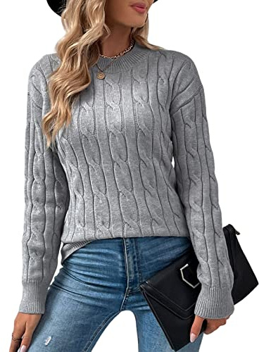 Niwicee Maglione Donna Girocollo Maniche Lunghe Elegante Casual Caldo Lavorato A Maglia Autunno Inverno Pullover Knitted Bluse-B-Grigio Chiaro-L