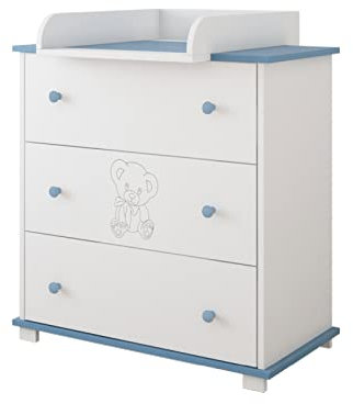 Kiki design Kommode mit Wickeltisch | 80x46 cm | Wickelkommode mit 3 Schubladen | Für Kinderzimmer | Gravierter Teddybär | Schrank für Kinderzimmer |Blau
