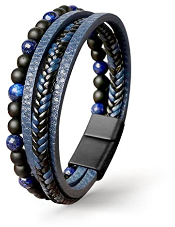 UNIQAL | Echtleder Armband Herren mit Natursteinen FANCY Mens nature stone Bracelet | Edelstahl, Männer | Etui Box Gratis (BLAU LAPIS LAZULI, 21)