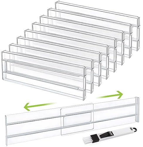 Drawer Dividers, 8 Pack Expandable Drawer Organisers Clear Plastic Drawers Separators, Adjustable Range of 27.6-52 cm Drawer Inserts for Wardrobe for Clothing Kitchen Utensils & Office Storage