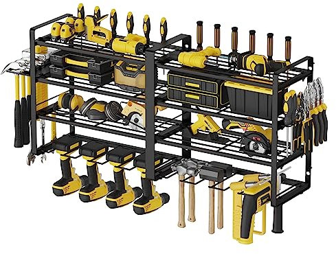 AcornFort W-1702 4 Etagen 80cm Großformat Wandregal Metall Schwere Garage Werkzeug Werkstatt Organizer 8 Steckplätze Akkuschrauber Halterung Wand Werkzeugaufbewahrung mit 4 Bohrhaltern