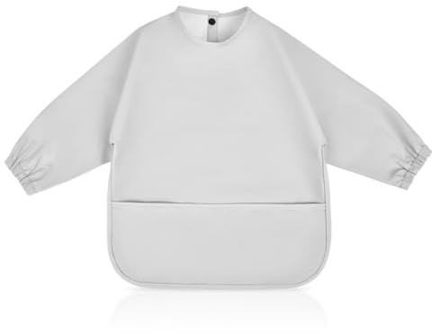 Vicloon Bavaglini per lo svezzamento dei bambini, in poliuretano, con maniche lunghe e grandi tasche, impermeabili, facili da pulire, adatti per bambini da 6 mesi a 12 mesi, grigio chiaro