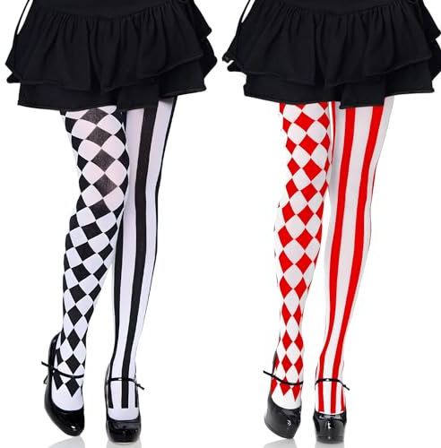 BOFUNX 2 Paar Damen Strumpfhose Gestreift und Karomuster, Clown Strumpfhose für Fasching Karneval Mottoparty