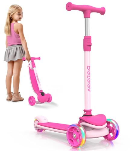 BELEEV A8 Scooter Roller Kinder 6 Jahre, Faltbarer Premium Dreiradscooter mit LED Leuchträdern, 4 Höhenverstellbarer, Extra-breite & Rutschfeste Plattform, 3 Räder Roller für Mädchen Jungen 3-12 Jahre
