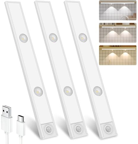 Under Cupboard Kitchen Lights, 3 Pack 30 cm 3 Modes Motion Sensor Under Cabinet Kitchen Lights,2000mAh USB-C Rechargeable Dimmable Wardrobe Light,3 Color Temps Closet Light for Kitchen Stairs Hallway