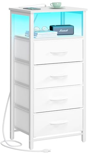Yoobure Night Stand - LED White Nightstand with Charging Station, Bedside Table with 4 Storage Drawers and Storage Shelf, End Table with USB Ports and Outlets, Tall Dresser for Bedroom
