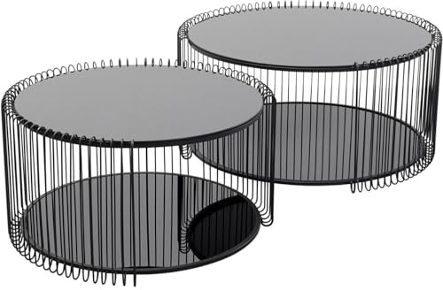 Kare Design Couchtisch Wire Double 2er Set, Schwarz, 63cm Durchmesser, Sicherheitsglas, Wohnzimmertisch, Stahlgestell, Tischplatte aus Glas, Wohnzimmer, Rund, 34x70x70 cm (H/B/T)