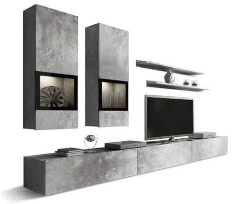 PRICE FACTORY just for you Ensemble Salon Mural Ramos – Gris Effet béton – Meuble TV XL + vitrines + étagères – sans LED