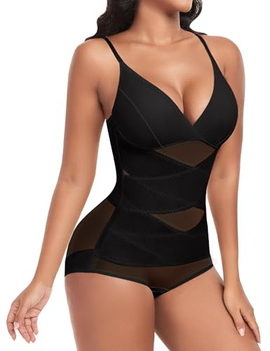 PASUDA Body Snellente Donna Intimo Dimagrante Shapewear Spallino Regolabile Shapewear Intimo Contenitivo Modellante Trasparente Sheer Mesh Bodysuit Pancia Piatta Invisibile Shaper (Nero, S)