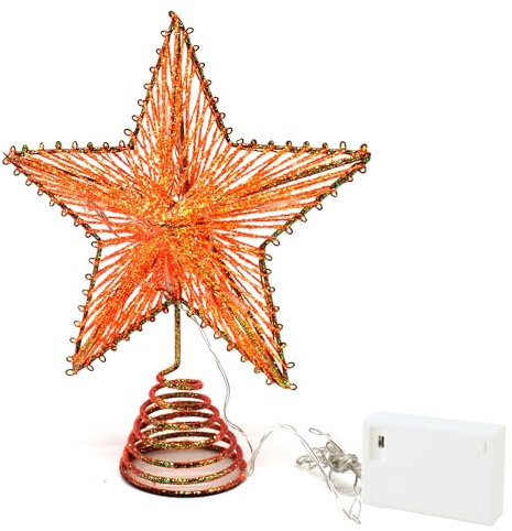 CVHOMEDECO. Orange Glittered 3D Tree Top Star with Warm White LED Lights and Timer for Christmas Tree Topper Decoration and Holiday Seasonal Décor, 8 x 10 Inch