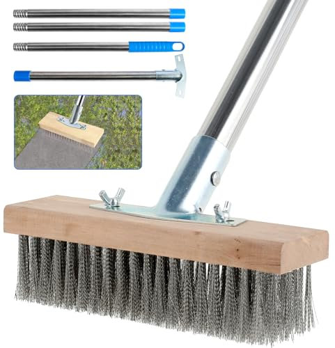 Balai Métallique en Acier 165cm Brosse à Balai Métallique avec Manche Antirouille Tobuste Balai Brosse Métallique Exterieur pour Enlever Les Mauvaises Herbes, Mousse et Taches Tenaces